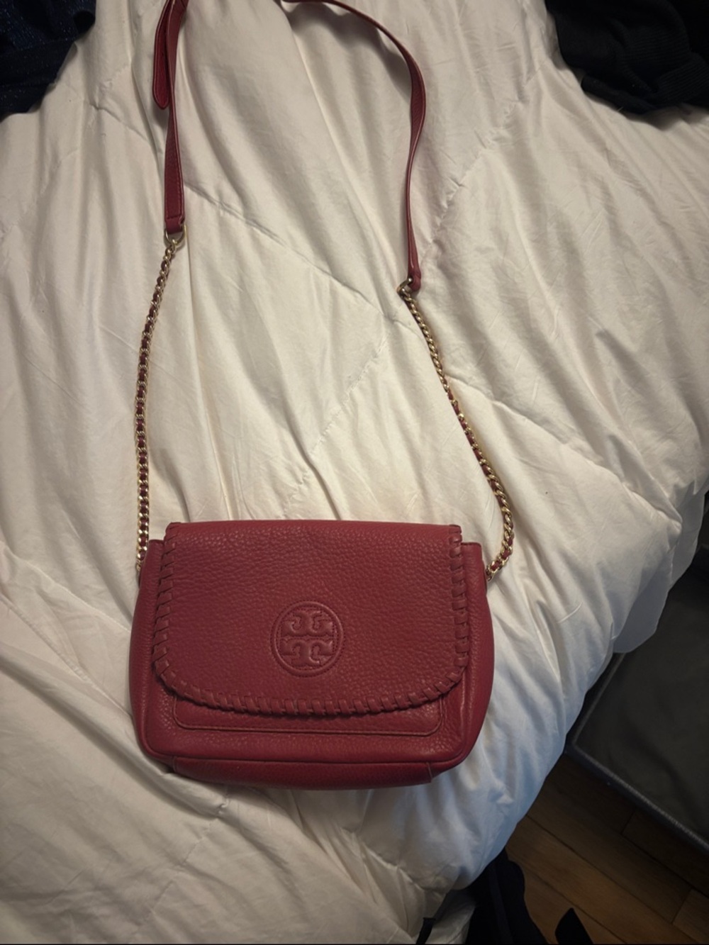Tory Burch Wine Red Pebbled Leather Crossbody with Gold Chain